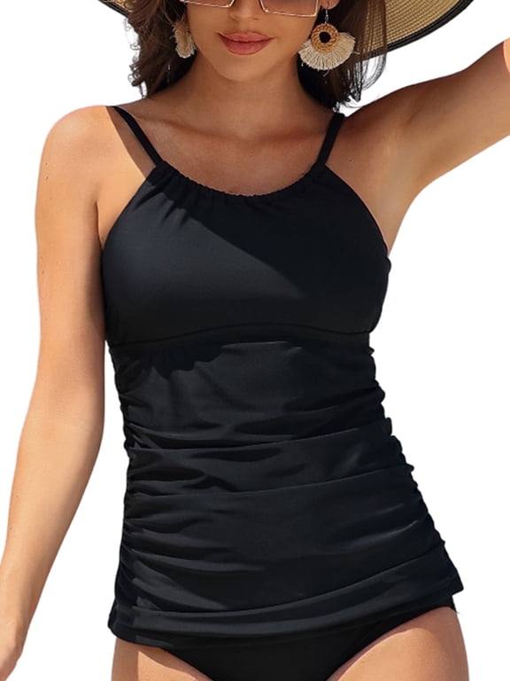 Women's High Neck Tankini Tops Built-in Bra Only Tummy Control Swimsuit Tops Ruched Swim Tops Without Bottoms