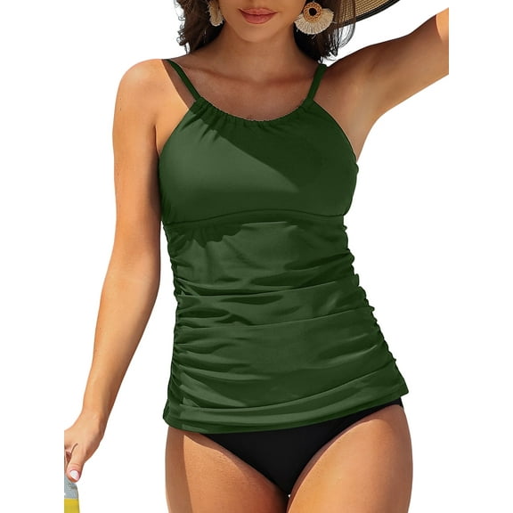 Charmo Women's High Neck Tankini Tops Only Tummy Control Swimsuit Top Ruched Swim Top Without Bottoms