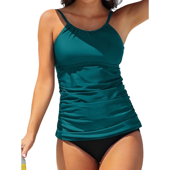Charmo Women's High Neck Tankini Tops Only Tummy Control Swimsuit Top Ruched Swim Top Without Bottoms