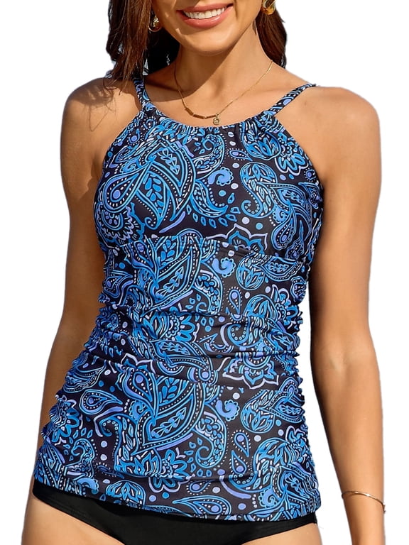Women's High Neck Tankini Tops Built-in Bra Only Tummy Control Swimsuit Tops Ruched Swim Tops Without Bottoms