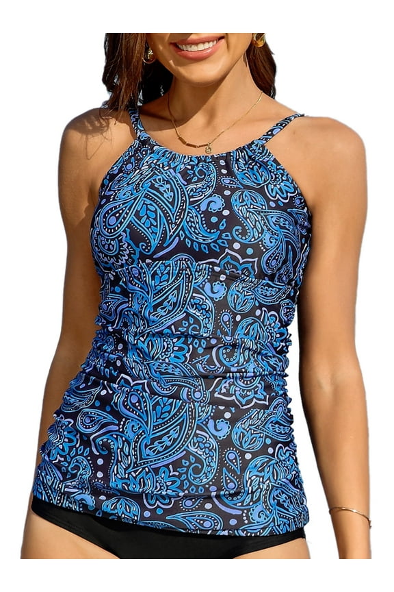 Women's High Neck Tankini Tops Built-in Bra Only Tummy Control Swimsuit Tops Ruched Swim Tops Without Bottoms