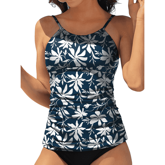 Charmo Women's High Neck Tankini Tops Only Tummy Control Swimsuit Top Ruched Swim Top Without Bottoms