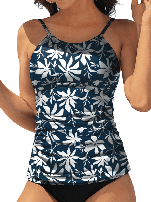Women's High Neck Tankini Tops Only Tummy Control Swimsuit Top Ruched Swim Top Without Bottoms