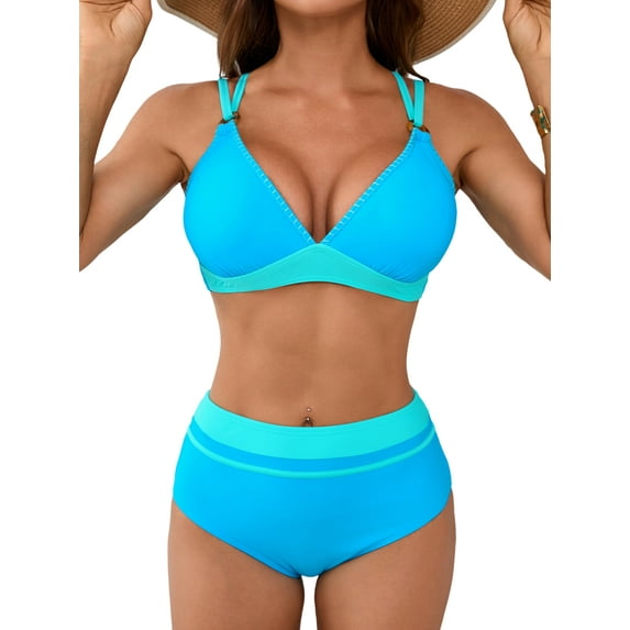 Asoul Women's High Waisted Bikini Sets V Neck Two Piece Swimsuit Color Block Bathing Suits