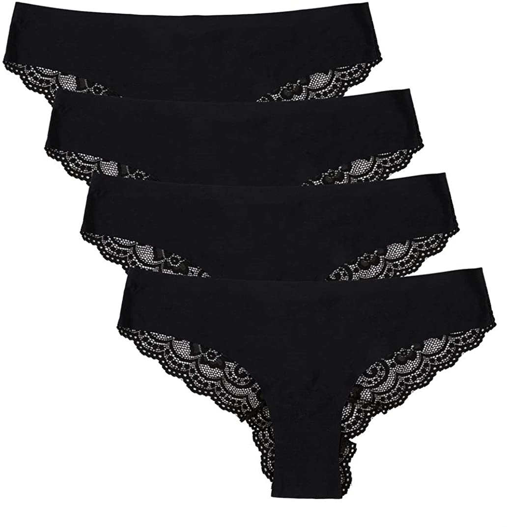 Charmo Women's Lace Trim Tanga Panties Nylon Bikini Thongs Underwear, 4-Pack - image 1 of 6