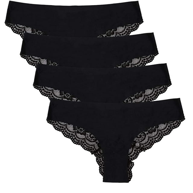 Charmo Women's Lace Trim Tanga Panties Nylon Bikini Thongs Underwear, 4-Pack