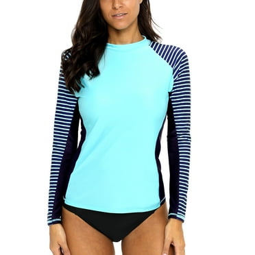 Charmo Women's Long Sleeve Rashguard UPF 50 Sun Protection Swimsuit Top Striped Swim Shirts for Surfing