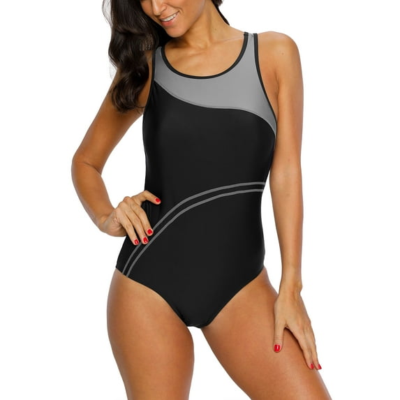 Charmo Women's One Piece Athletic Racerback Bathing Suit Color Block Swimsuit