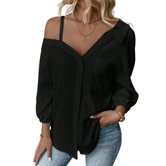 Charmo Women's One Shoulder Button Down Blouse Long Sleeve Asymmetrical Shirt Tops Textured Collared Blouse Dressy Casual Tops