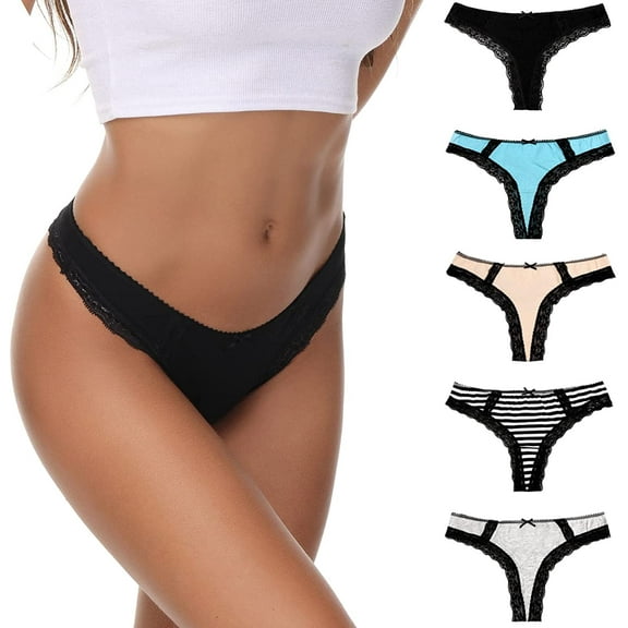 Charmo Women's Plus Size Cotton Panties Soft Hipster Lace Thong for Lady Packs of 5