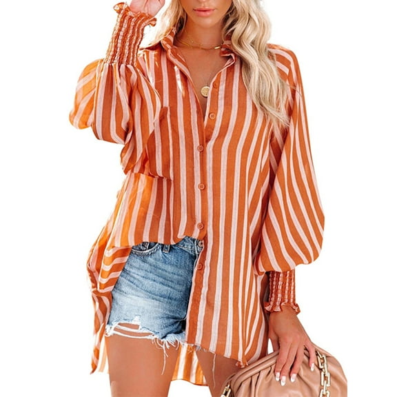 Charmo Women's Pocket Striped Button Down Casual Shirt Blouse Top