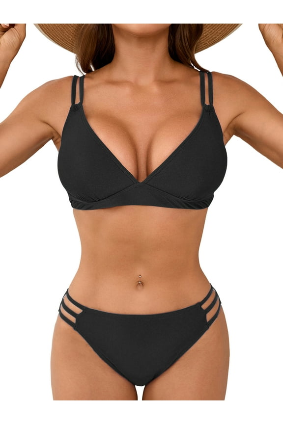 Women's Push Up V Neck Bikini Sets Hollow Out Two Piece Bathing Suit