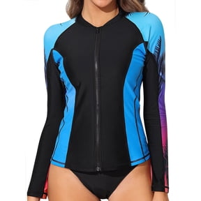 Charmo Women's Rash Guard UPF50+ SPF UV Protection Long Sleeve Swimsuit Tops Zip Front Swim Shirts Yoga Hiking Shirt Tops