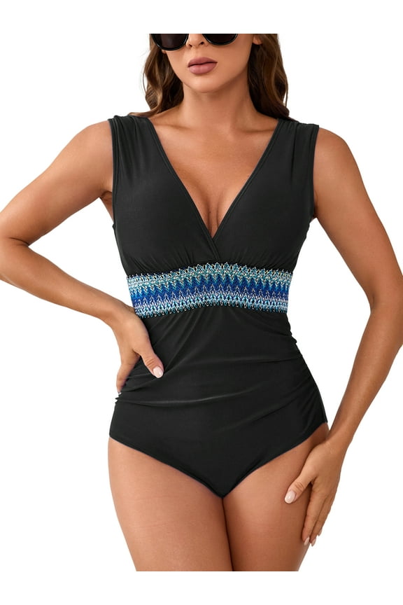 Women's Retro One Piece Swimsuit Tummy Control Bathing Suit Wide Straps Plunge V Neck Swimwear