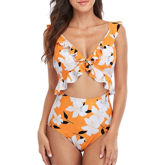Charmo Women's Ruffle One Piece Swimsuit Strappy Bathing Suits Ladies Cute Monokini Swimwear