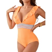 Charmo Womens Ruffle One Piece Swimsuit V Neck Bathing Suits Ladies Sexy Monokini Swimwear