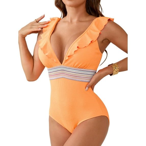 Charmo Women's Ruffle One Piece Swimsuit V Neck Bathing Suits Ladies Sexy Monokini Swimwear