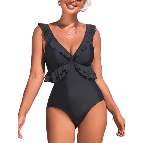 Charmo Women's Ruffle One Piece Swimsuits Tummy Control Bathing Suit Sexy V Neck Monikini Swimwear
