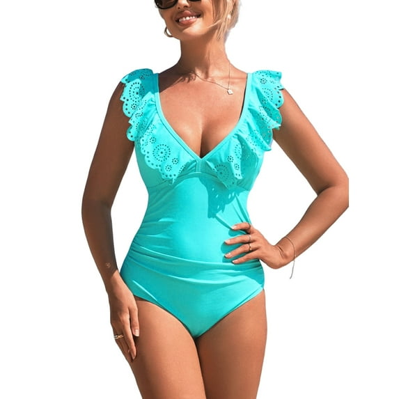 Charmo Women's Ruffle One Piece Swimsuits Tummy Control Bathing Suit Sexy V Neck Swimwear