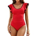 thumbnail image 1 of Charmo Women's Ruffled Shoulder One Piece Swimsuit Tummy Control Monkini Swimwear Color Blocked Bath Suit, 1 of 6