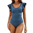 thumbnail image 1 of Charmo Women's Ruffled Shoulder One Piece Swimsuit Tummy Control Monkini Swimwear Color Blocked Bath Suit, 1 of 8