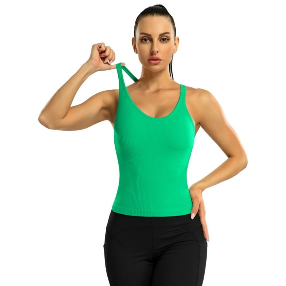 Charmo Women's Scoop Neck Ribbed Tank Tops Slim Straps Cropped Tops Built in Bra