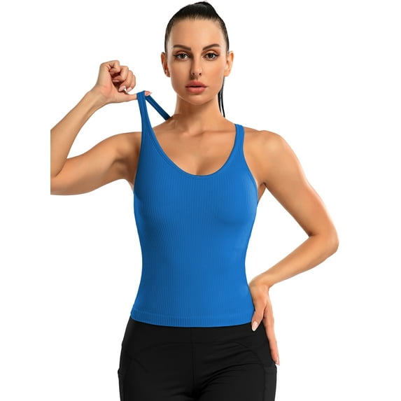Charmo Women's Scoop Neck Ribbed Tank Tops Slim Straps Cropped Tops Built in Bra