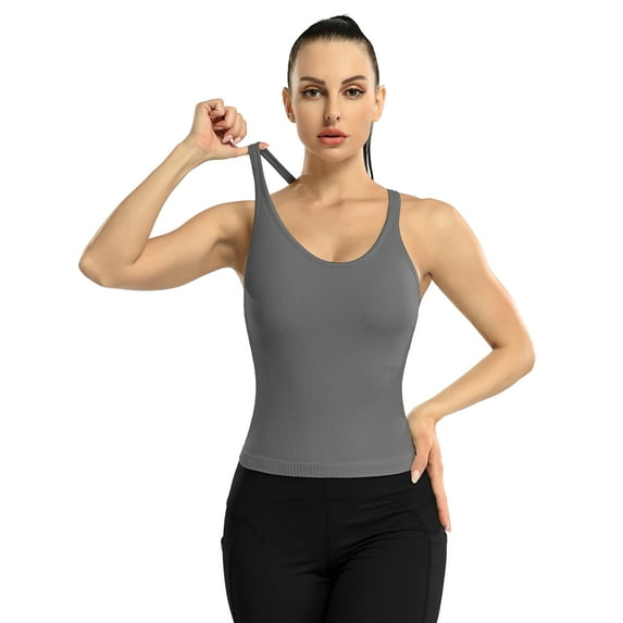 Charmo Women's Scoop Neck Ribbed Tank Tops Slim Straps Cropped Tops Built in Bra