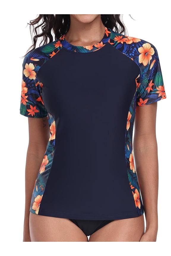 Women Short Sleeve Swimsuit Tops Sun Protection Rash Guard Quick Dry Swim Shirts UPF 50+