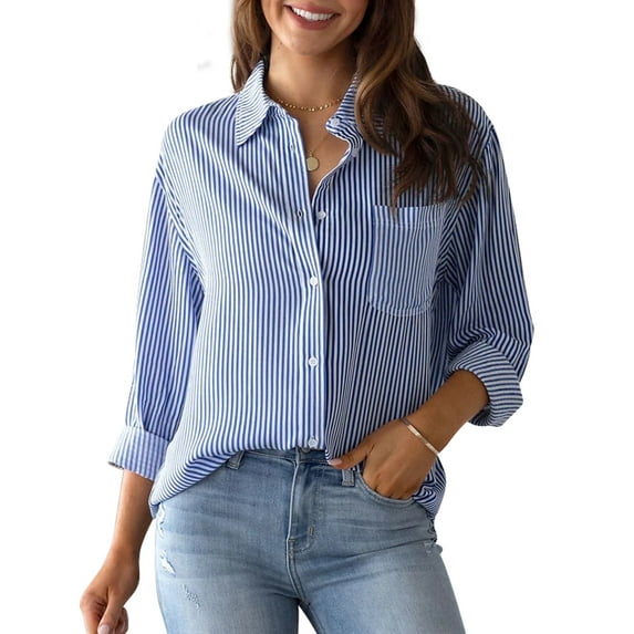 Charmo Striped Button Down Blouses Shirts for Womens Dress Shirts Long Sleeve Collared Blouses Work Business Casual Tops