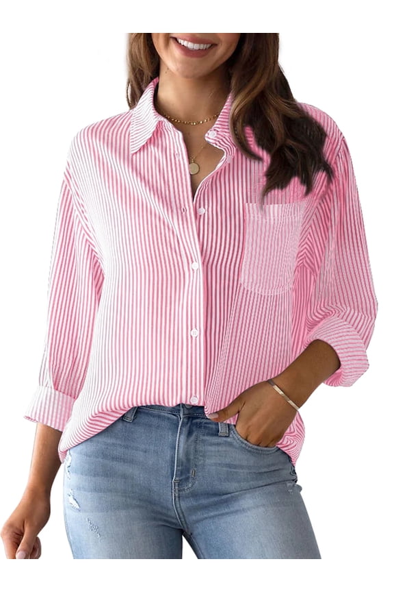 Striped Button Down Blouses Shirts for Womens Dress Shirts Long Sleeve Collared Blouses Work Business Casual Tops
