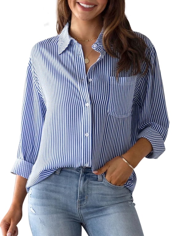 Striped Button Down Blouses Shirts for Womens Dress Shirts Long Sleeve Collared Blouses Work Business Casual Tops
