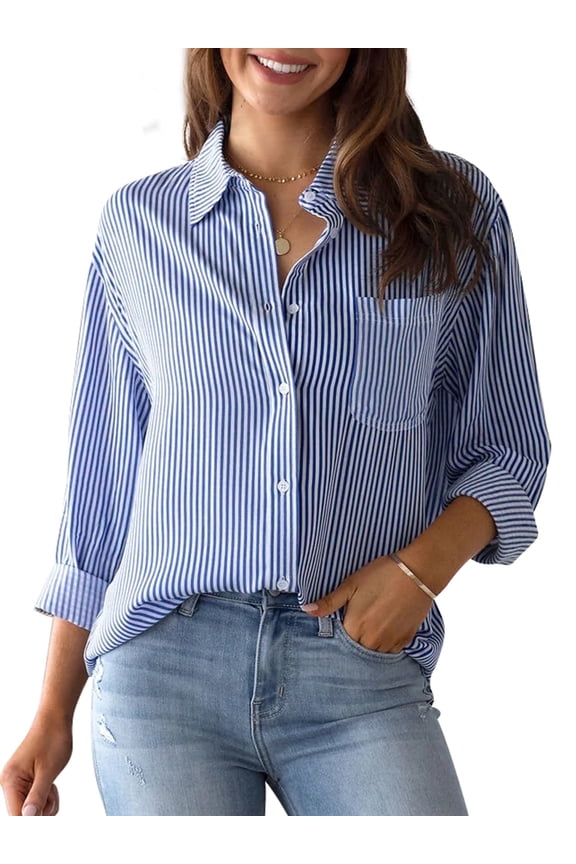 Striped Button Down Blouses Shirts for Womens Dress Shirts Long Sleeve Collared Blouses Work Business Casual Tops