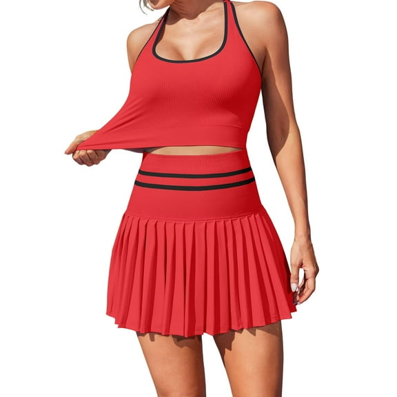 Charmo Women's Two-Piece Tennis Dress with Pleated Skirt and Shorts, Racerback Crop