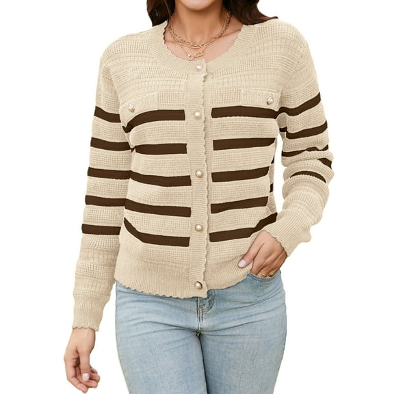 Charmo Women's Winter Knit Striped Cardigan Sweaters Button Crew Neck Long Sleeve Elegant Outerwear