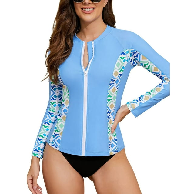 Charmo Women's Zip Front Long Sleeve Rash Guard Top Sun Protection Swim