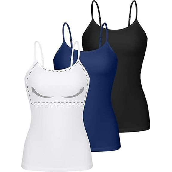 Charmo Womens 3-packs Cotton Scoop Neck Tank Tops Adjustable Spaghetti Strap Undershirts with Shelf Bra