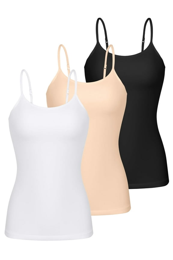 Womens 3-packs Cotton Scoop Neck Tank Tops Adjustable Spaghetti Strap Undershirts with Shelf Bra
