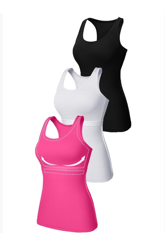 Womens 3-packs Cotton Tank Tops Fitting Racerback Undershirts Base Layer Camisole with Shelf Bra