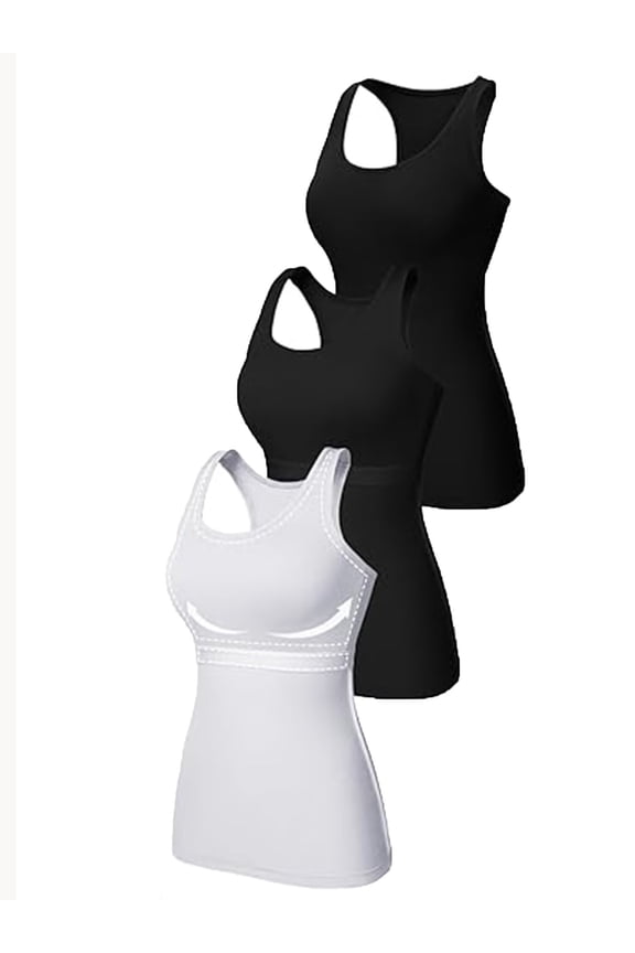 Womens 3-packs Cotton Tank Tops Fitting Racerback Undershirts Base Layer Camisole with Shelf Bra