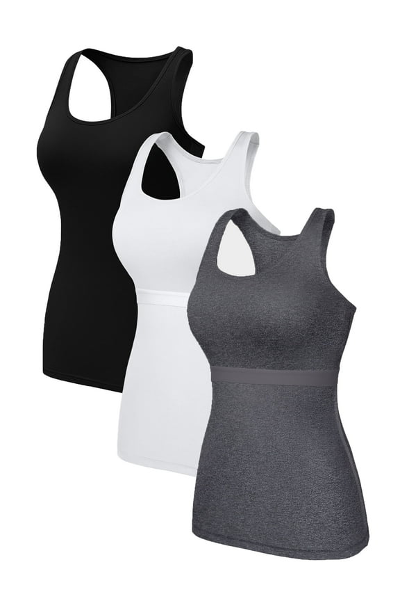 Womens 3-packs Cotton Tank Tops Square Neck Camisole Racerback Undershirts Built-in Shelf Bra
