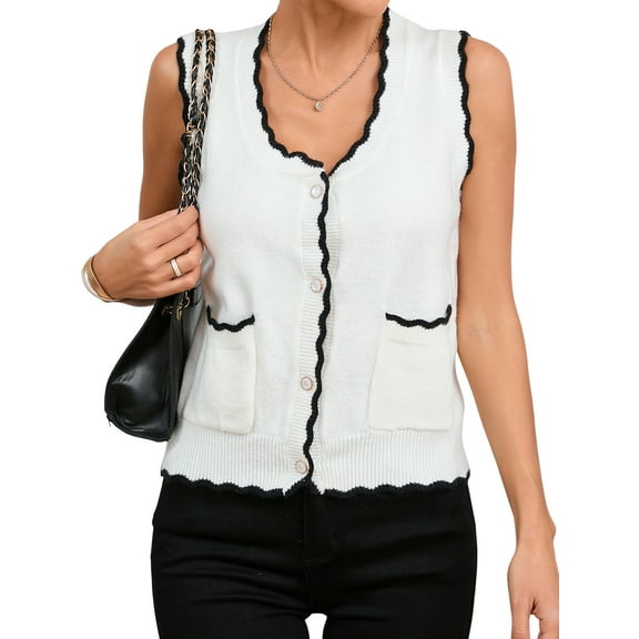 Charmo Womens Color Blocked Sweater Vest Button Down Sweater with Pockets