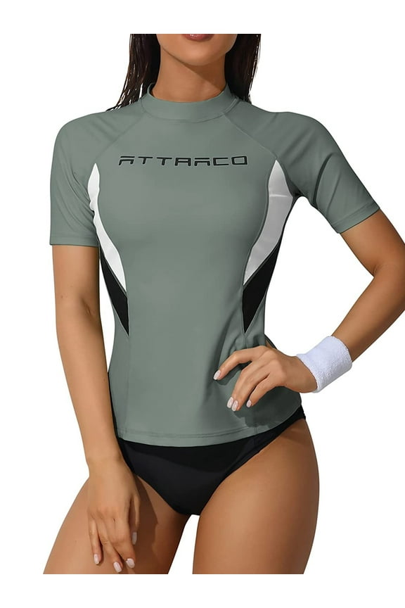 Womens Color Contrast Swim Shirt Tops UV Protection Short Sleeve Rash Guard