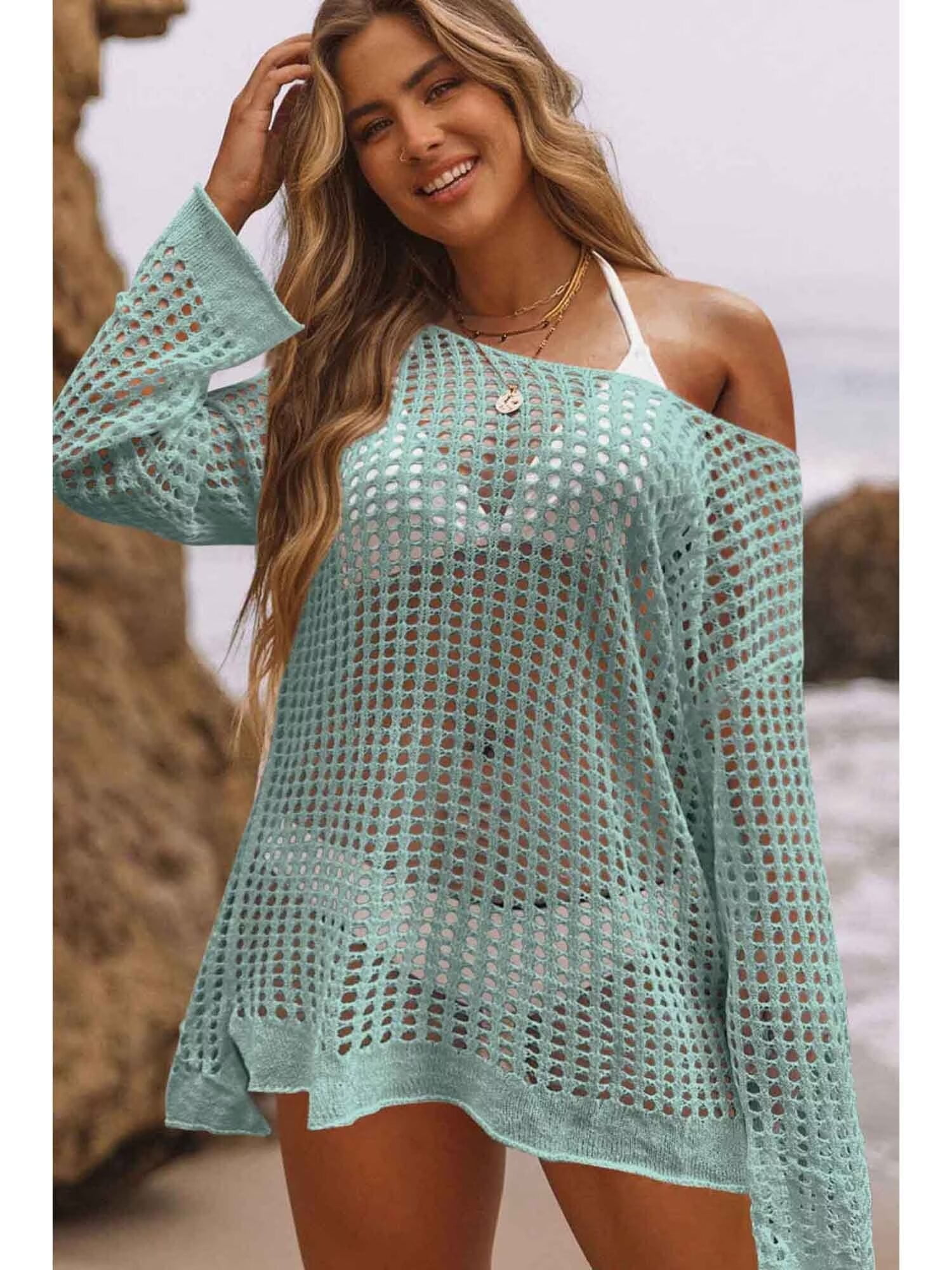 Charmo Womens Crew Neck Crochet Top Long Sleeve Swim Cover Ups