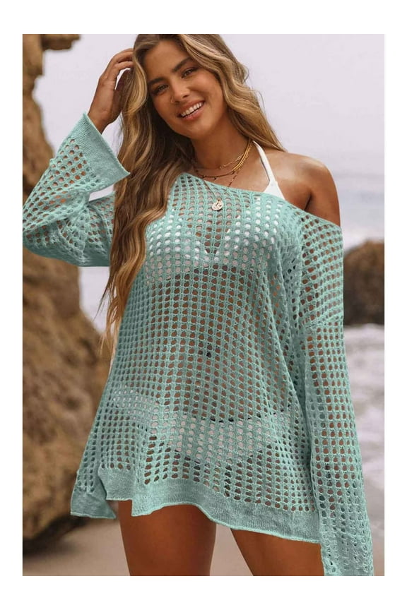Womens Crew Neck Crochet Top Long Sleeve Swim Cover Ups Swimsuit