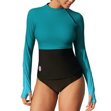 Charmo Womens Crew Neck Swim Tops Grandient UPF 50+ Rash Guard Long Sleeve Swim Shirts with Thumb Hole