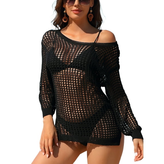 Charmo Womens Crochet Swim Cover Up Knitted Hollow Out Long Sleeve Swimsuit Coverup Beachwear