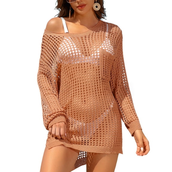 Charmo Womens Crochet Swim Cover Up Knitted Hollow Out Long Sleeve Swimsuit Coverup Beachwear