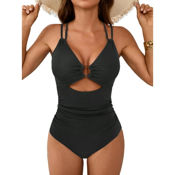 Charmo Womens Double Straps One Piece Swimwear O-Ring Cutout Bathing Suit Tummy Control Monokini Swimwear