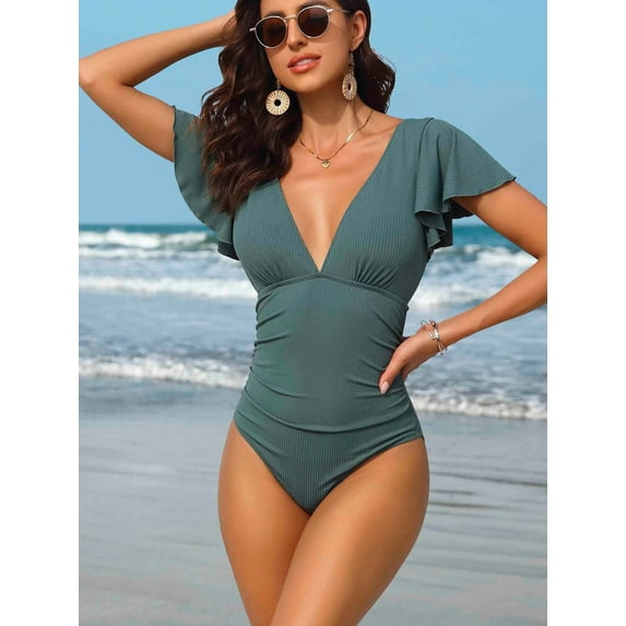 Charmo Womens Double V Neck Swimsuit Ruffled Shoulder One Piece Swimwear Tummy Control Bath Suit